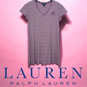 Lauren Ralph Lauren Women's Size M Purple White Stripe V-neck Cotton Tee Dress‎